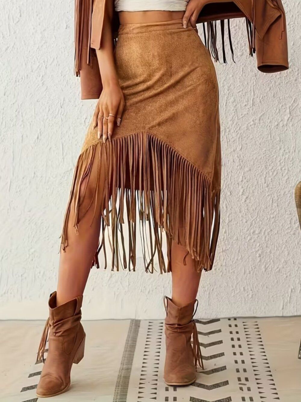NWT Boho Western Light Brown Faux Suede Fringed Hem Midi Skirt - Picture 4 of 4